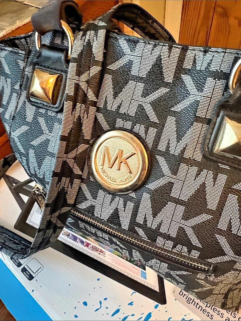 Michael Kors Monogram Shoulder Bag in Black & Gray